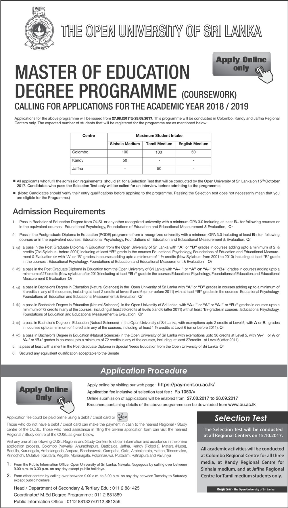 Master of Education Degree Programme (2018/2019) - The Open University of Sri Lanka